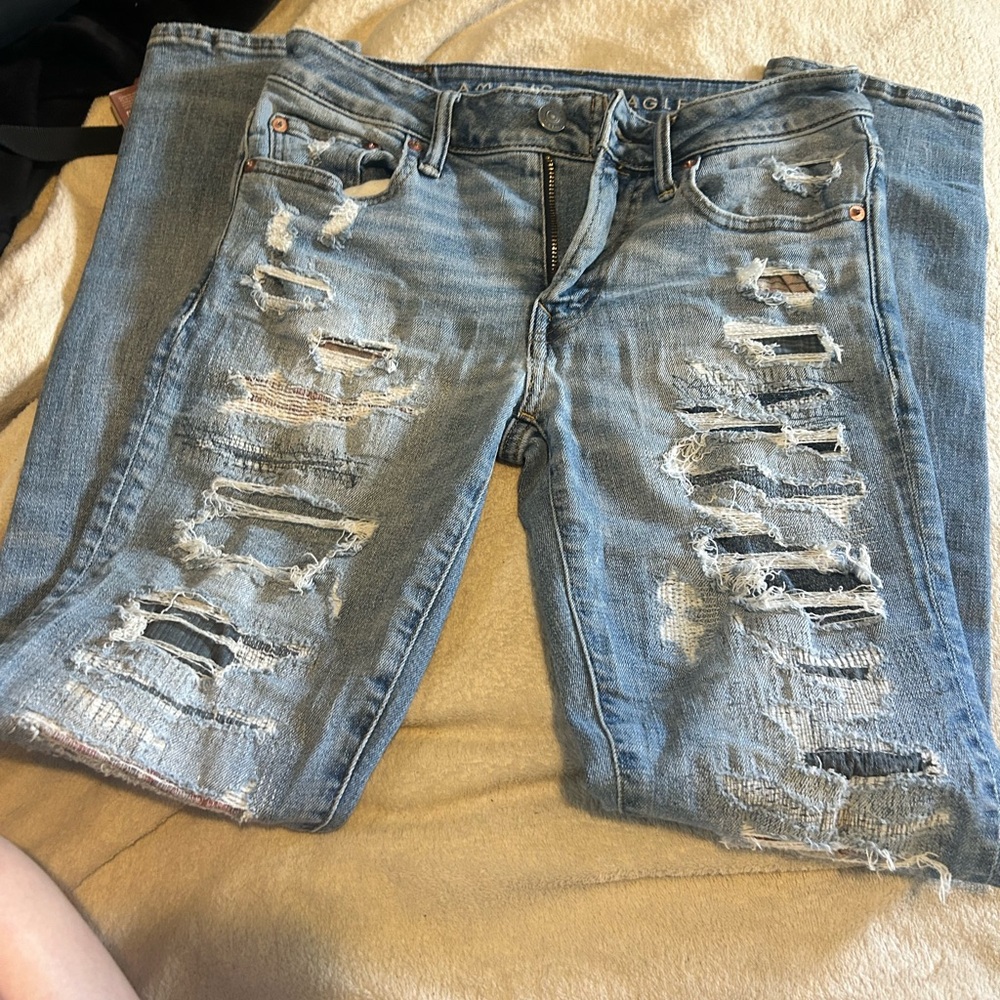 American Eagle Outfitters Distressed Skinny Jeans - Light Blue